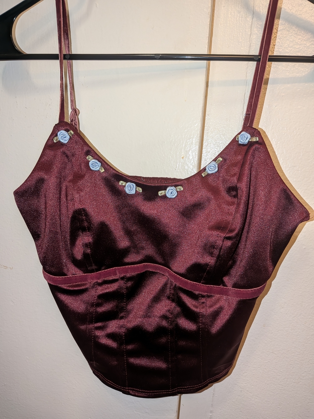 wild fable Satin Burgundy Cami with Light Blue Rose Trim
